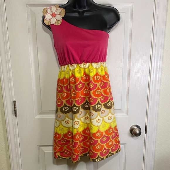 Judith March One-Shoulder Dress in Pink, Yellow and Orange Medium - Picture 1 of 7